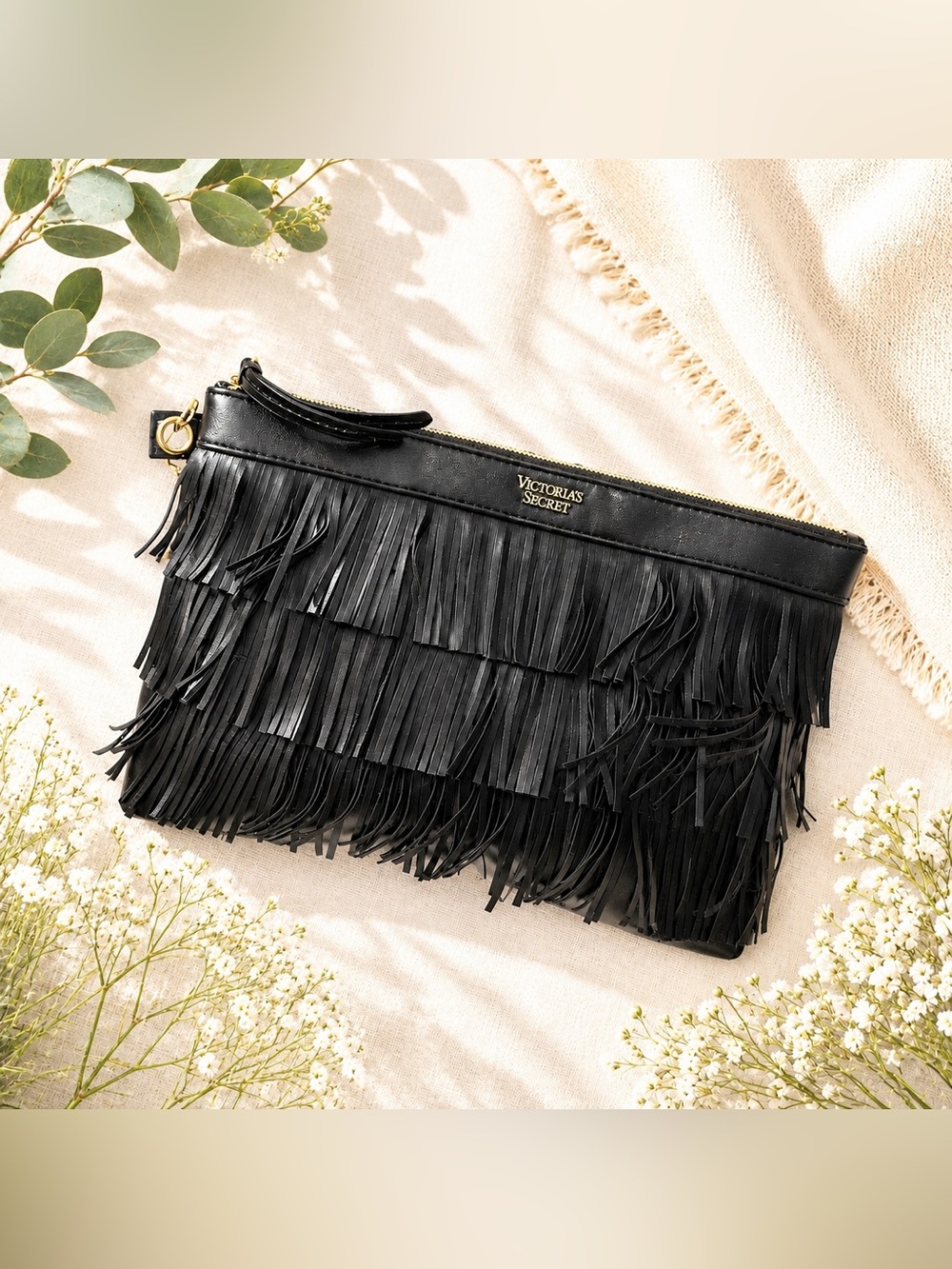 NWT Victoria’s Secret Black Fringe Cosmetic Bag